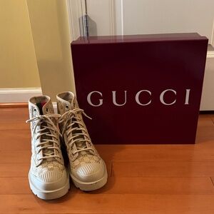 Gucci Beige Monogram High-Top Sneakers